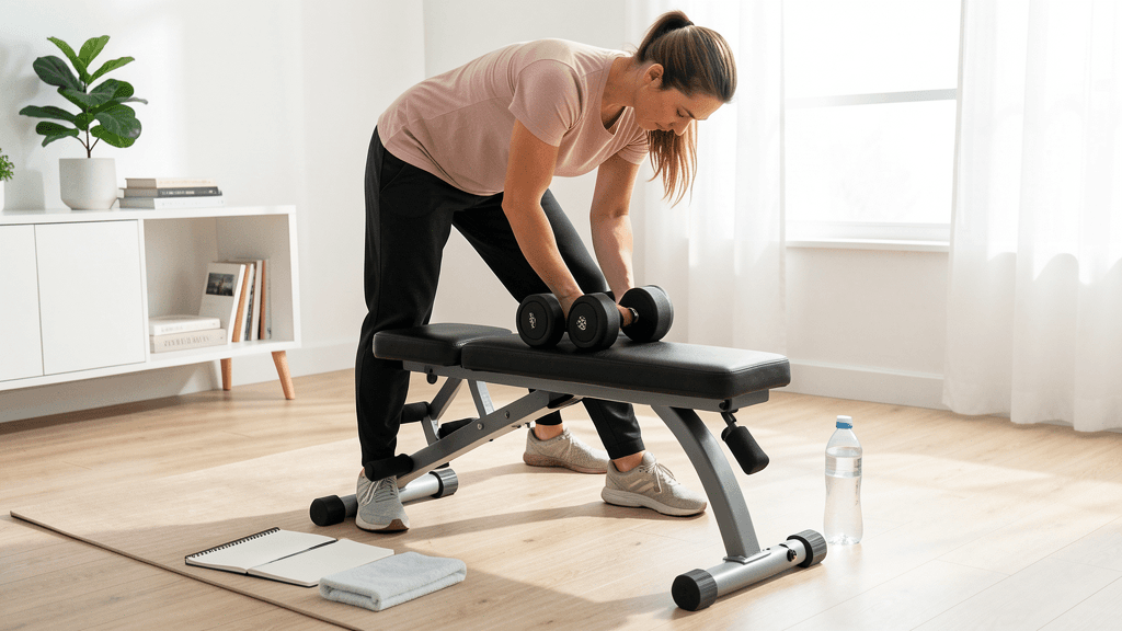 Adjustable dumbbell and bench workout setup in a bright spare-room home gym