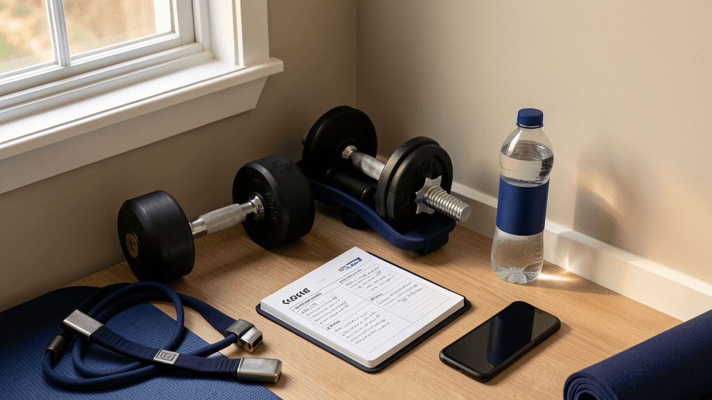 Phone, notebook, dumbbells, and home strength equipment arranged for workout planning