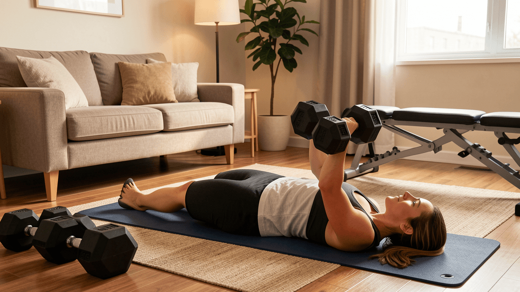 Illustrated home workout setup with adjustable dumbbells, bench, mat, storage shelf, and program decision cards