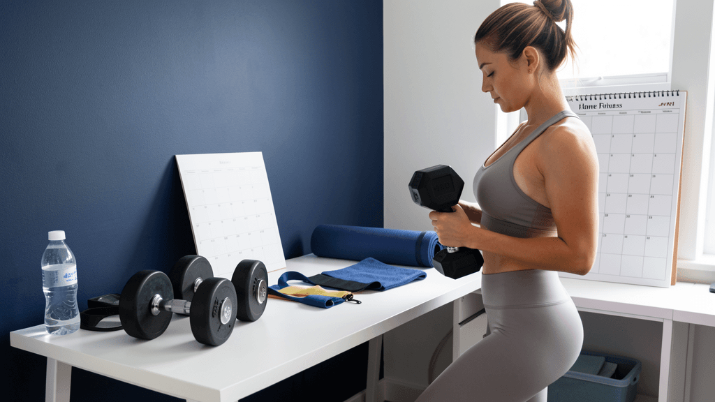 Home dumbbell workout setup with a blank calendar and compact training equipment