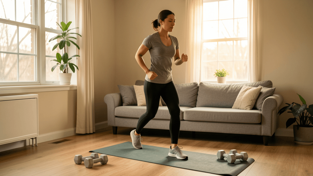 Woman doing a seated dumbbell workout on a mat in a home workout space