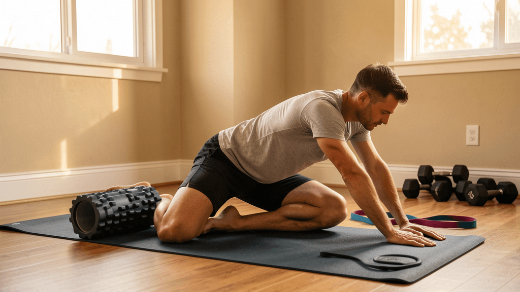 Mobility and recovery setup with mat, foam roller, bands, and dumbbells in a home gym