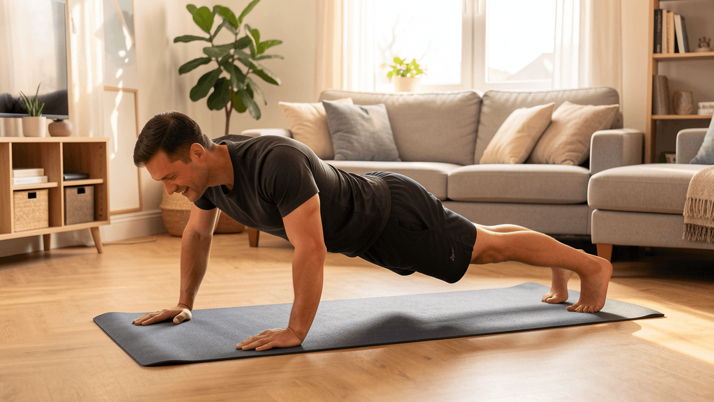 Branded decision map for choosing a no-equipment home workout plan by space, impact, progression, and recovery