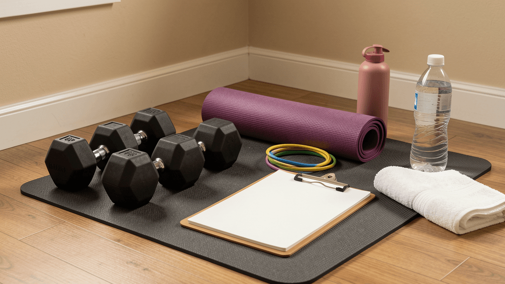 Home workout program comparison setup with dumbbells, bands, towel, and mat