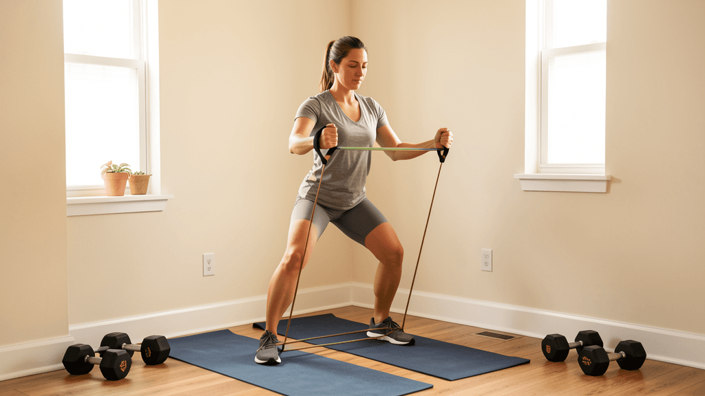 Resistance-band strength workout setup in a compact home gym