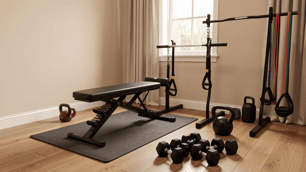 Compact home gym equipment layout used to explain Home Workout Report scoring