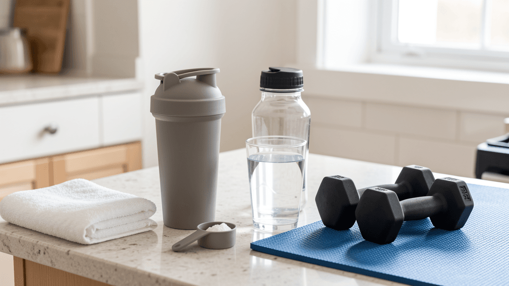 Unbranded shaker, water bottle, towel, dumbbells, and mat for workout support basics