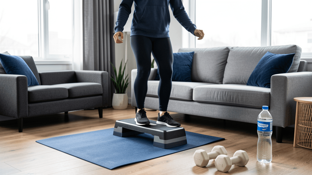 Low-impact home workout setup with light dumbbells, mat, and controlled movement space