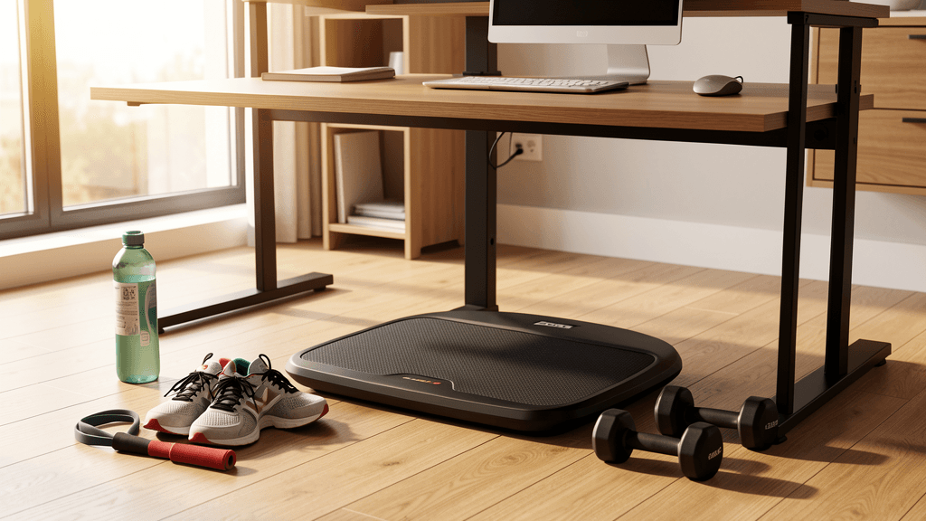 Branded apartment workout plan map showing a walking pad, weekly checks, and dumbbells