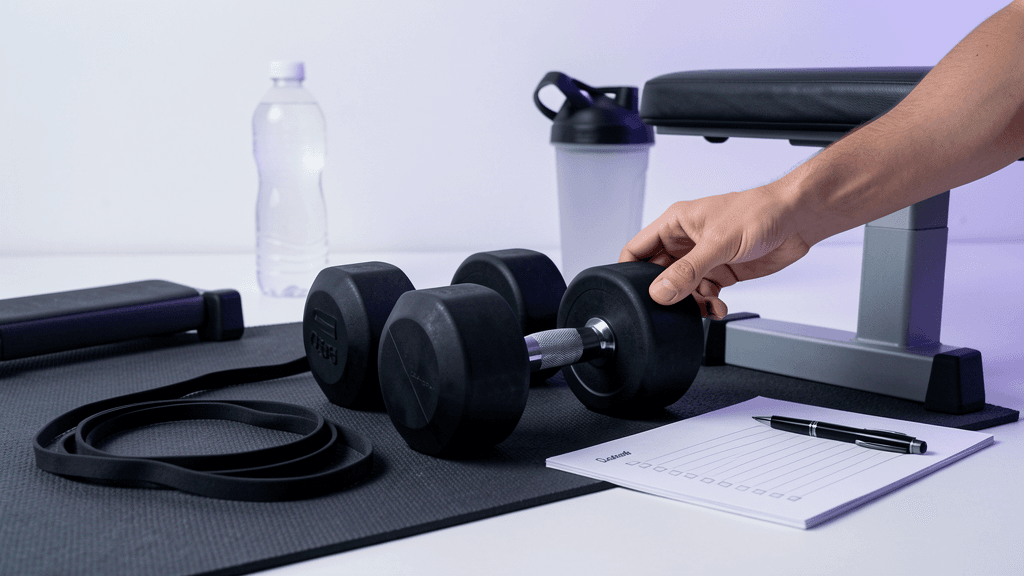 Premium home workout equipment setup with dumbbells, resistance band, bench, water bottle, shaker, and checklist