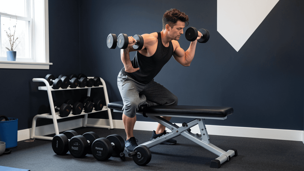 Adjustable dumbbells and bench set up for a focused home strength block